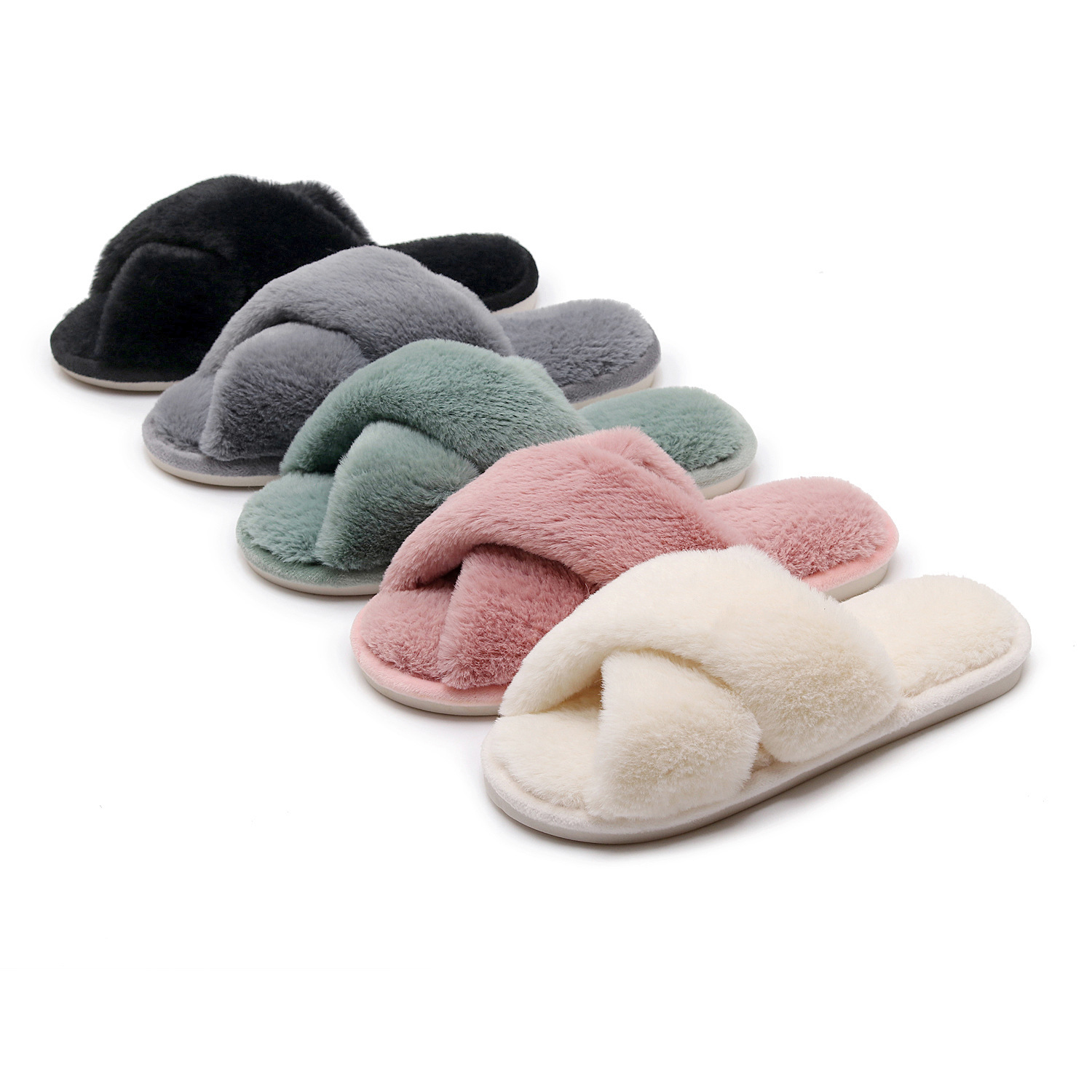 Amazon cross-border cross-belt wool slippers winter indoor warm-up large wool shoes women's imitation rabbit plush high quality