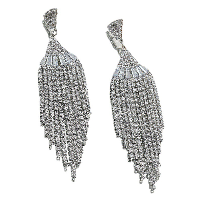 S925 Silver Needle Long Tassel Rhinestone Earrings Female Fan-shaped Zircon Earrings Internet Celebrant Same Style Fashion All-match Ear Jewelry