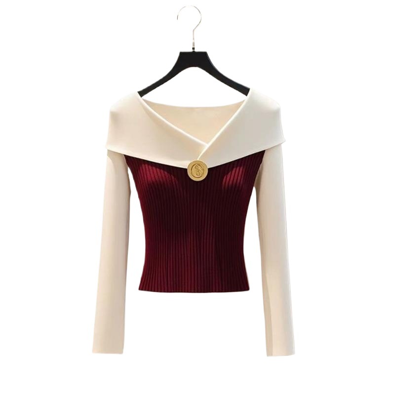 Picture of Korean Chic Burgundy Knitted Sweater for Women 2025 Autumn and Winter New Style Foreign Style and Chic Inner Bottoming Top