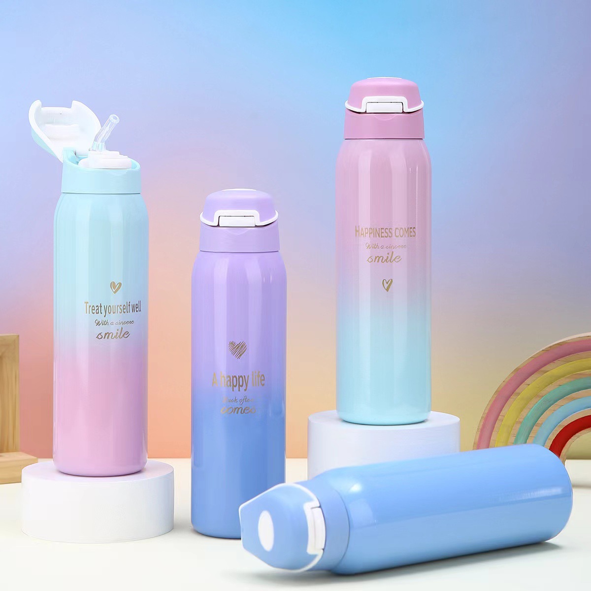 Gradient bounce cover Korean ins304 stainless steel mug 500ml duckbill straw cup spot wholesale