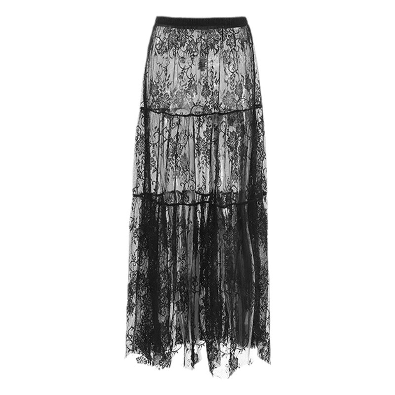 Picture of Sexy Lace See-Through High-Waist Commuter Black Skirt for Women Summer 2025 European and American Fashion Mesh Long Skirt Wholesale