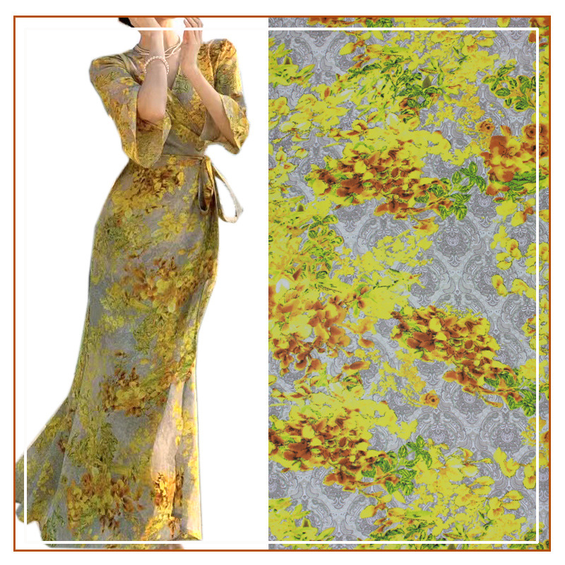 Golden Floral Print Chiffon Fabric, Yellow Gown Dress Suspender Skirt Fabric, 2024 Popular Pattern