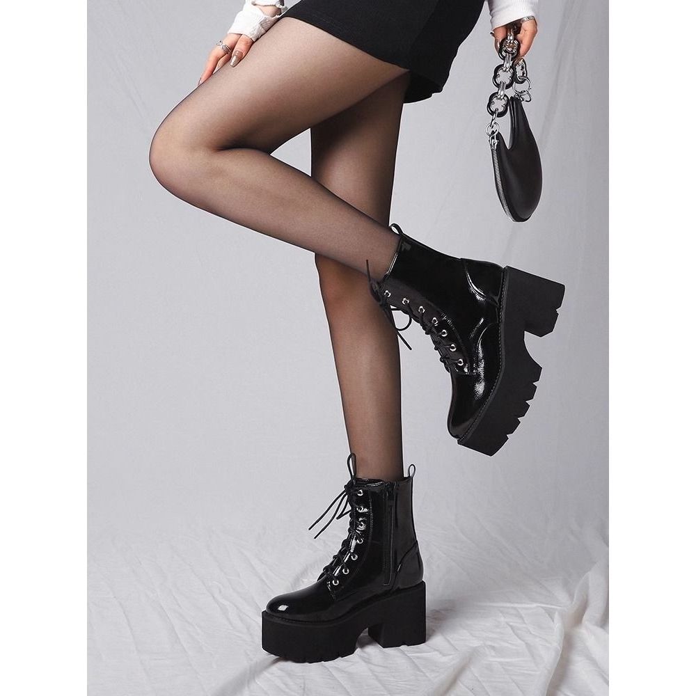 Punk style hot girl thick-soled Martin boots Women's Spring and Autumn Mid-calf y2g motorcycle boots cos small short boots black high heel