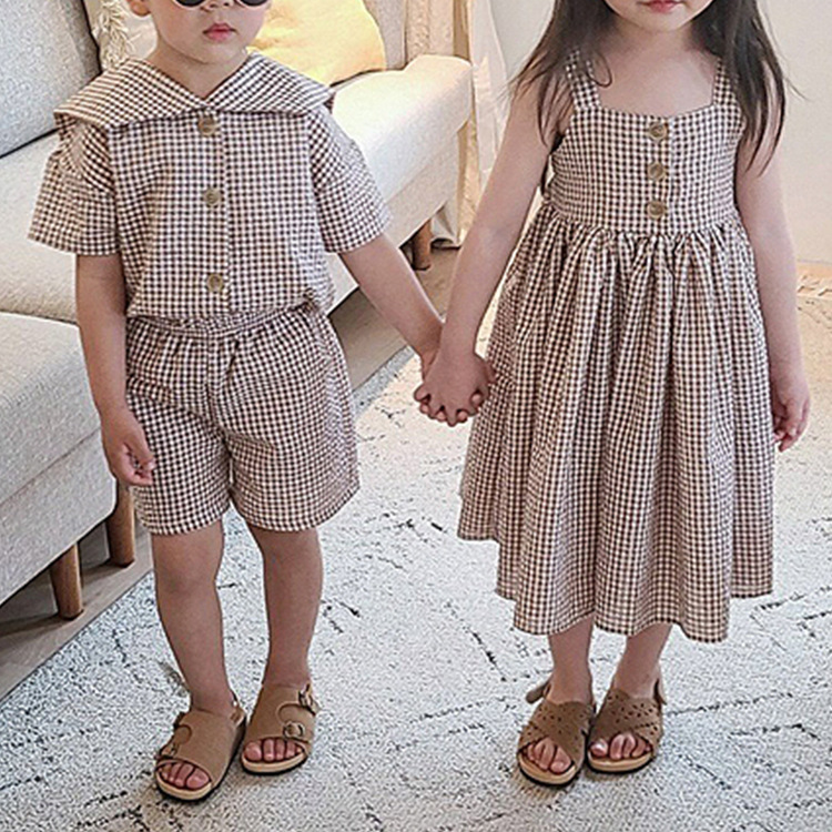 Fashionable Children's Ins College Plaid Girls' Sling Long Dress Boys' and Children's Boys' Collar Short Sleeve Shorts suit