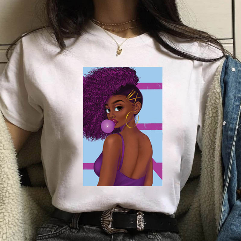 2022INS African Curly Hair Girl Black Girl Cartoon Print Round Neck Short Sleeve Top White T-Shirt Student