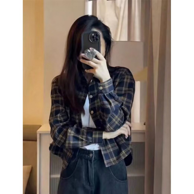 Brushed Retro Plaid Shirt Women's Short Outwear Spring & Fall 2024 New Hot Style Long-Sleeved Top High-End Shirt