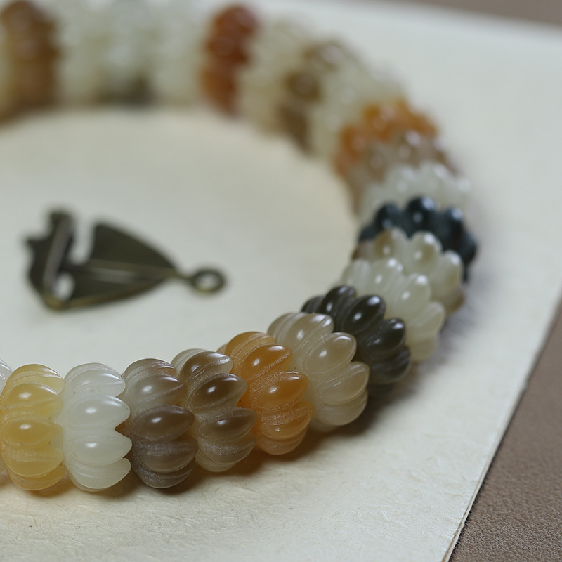 Picture of White Jade Bodhi Carving Lotus Blossom Colorful Bodhi Bracelet for Men and Women Play with Buddha Beads Soft Plate Play Bracelet
