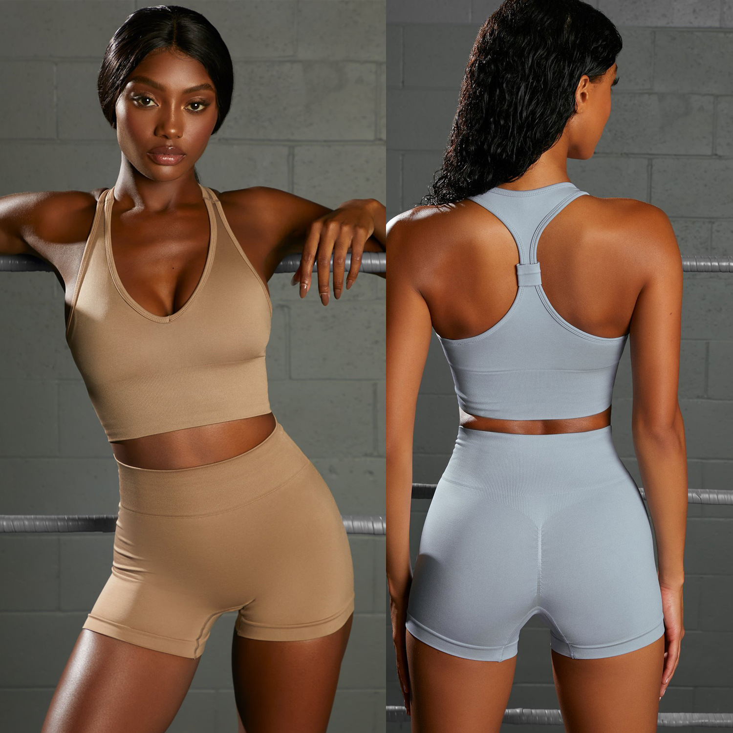 2022 Spring INS New Seamless Yoga Suit Women's Sports Fitness High Waist Shorts V-shaped Vest Two-piece Set