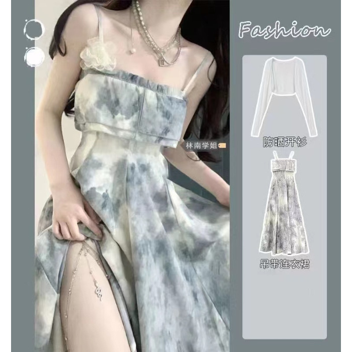 Picture of Retro ink painting chest-wrapped sling dress women's 2023 summer tea break off-neck high waist elegant sweet dress