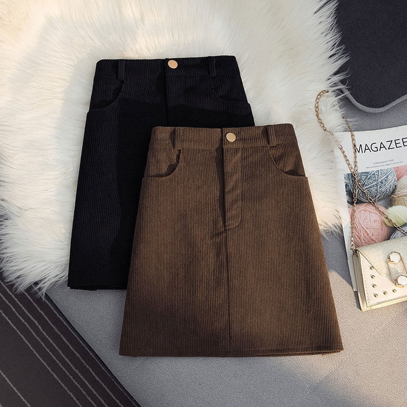 Black Corduroy Skirt plus size chubby girl Autumn and Winter Hip Women's A- line Skirt Slimming All-match One-step Skirt