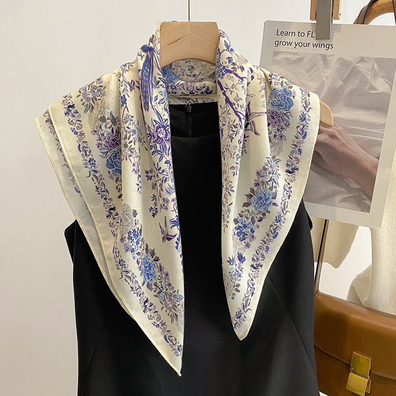 Artistic Fresh Style Floral Fashion Cotton and Linen Scarf Women's Winter Warm Neck Decorative Scarf Professional Shawl Square Scarf