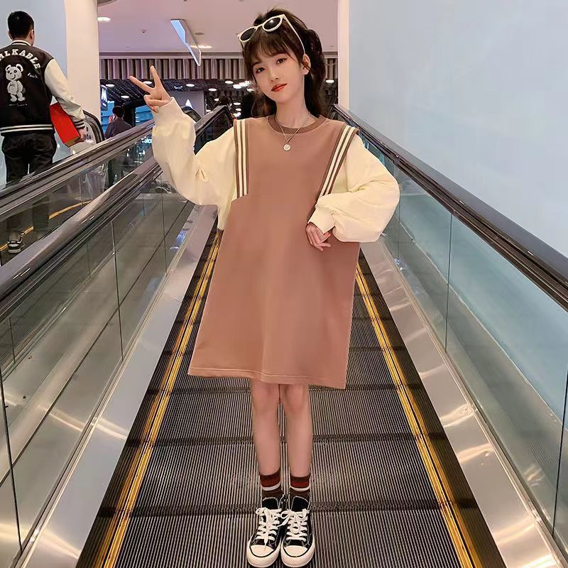 Internet Celebrity Girl's Spring and Autumn Dress Children's 2024 New Western Style Loose Casual Mid-length Stitching Princess Dress