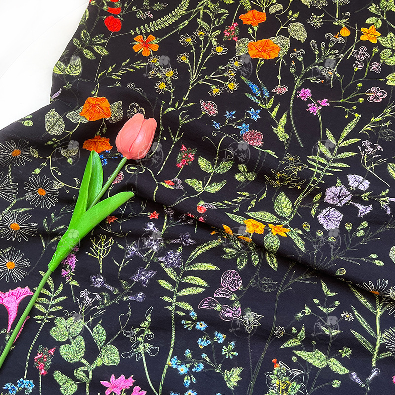 Dark night flowers, digital printed fabrics, new Chinese national style, brocade cotton fabric, cheongsam dresses, tops, Hanfu fabrics
