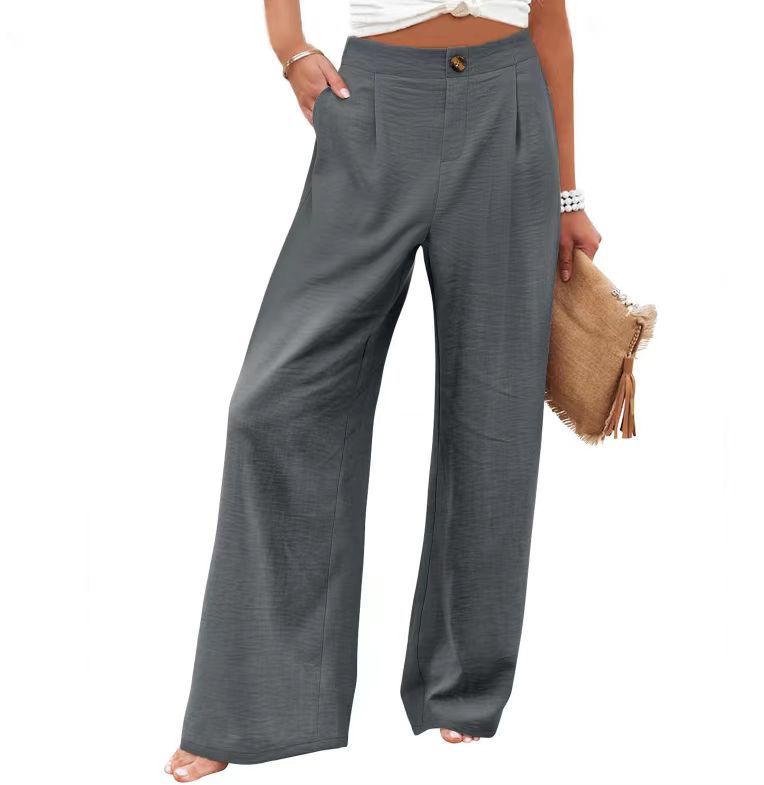 Picture of 2025 Cross-Border Amazon European and American Summer Plaid High Waist Trousers Button Elastic Waist Wide Leg Pants Women's Casual Straight-Leg Pants