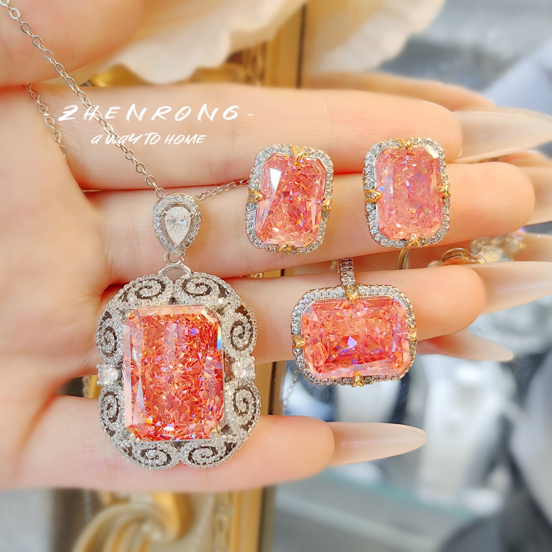 Seiko Exaggerated Color Treasure Red Corundum Pendant Necklace Fashion Light Luxury Ear Studs Ice Flower Cut High Carbon Diamond Ring suit Women