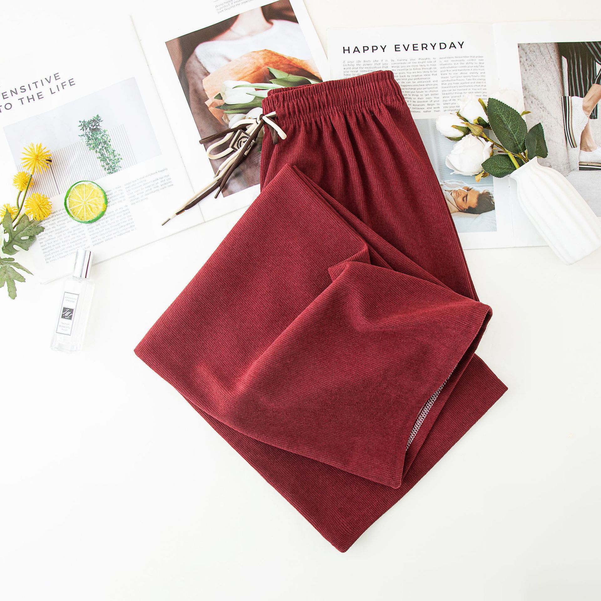 Picture of Grooved Cotton Velvet Smiley Face Double Drawstring Wide-Leg Pants for Women, Spring and Autumn High-Waist Drapey Loose Straight Ultra-Thin Stripe Casual Pants
