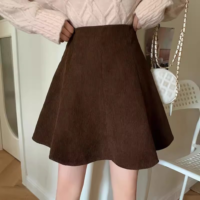High Waist Corduroy Skirt Women's Spring and Autumn plus size Slim Belly Covering Umbrella Skirt Anti-Light Small A- Line Skirt
