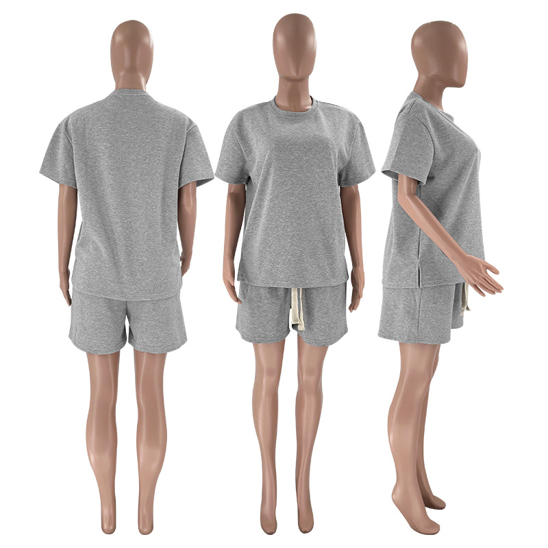 W11 Spring and Summer New Style Cotton Pure Color Round Neck Short-Sleeved Women's Sweatshirt Fashionable Casual Elastic Waist Shorts Set