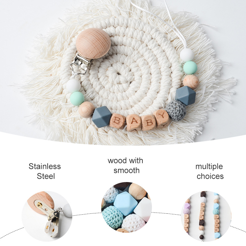 Picture of New Beech pacifier clip Beech letters BABY silicone octagonal beads wool crochet anti-drop chain