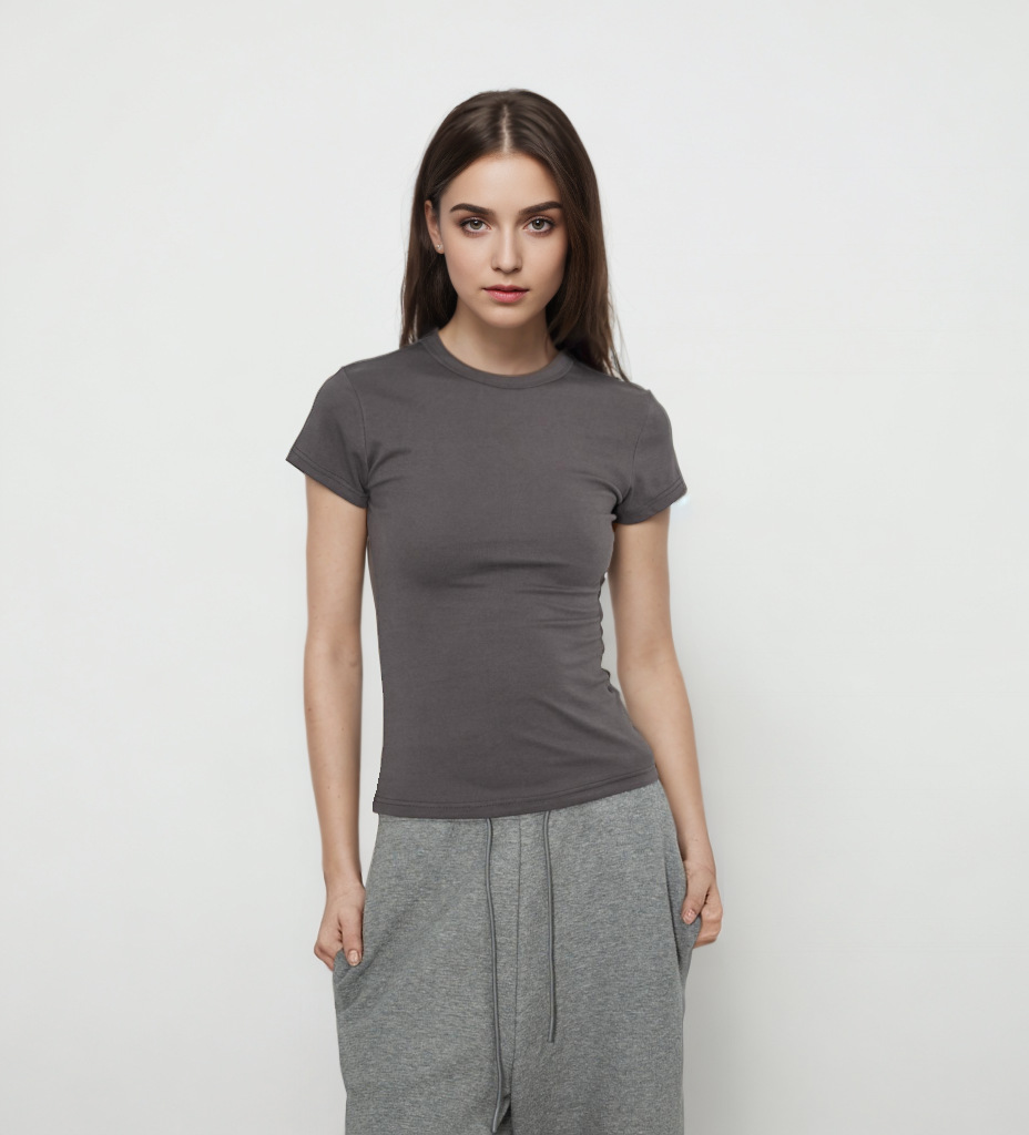 Picture of Spot Basic Elastic Modal Right Shoulder Women's Slim Sports Top American Sexy Hourglass Waist Short-Sleeved T-Shirt