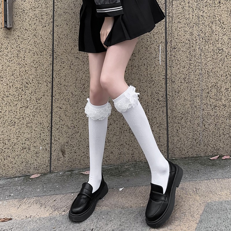 Socks women's tube socks bow white stockings lace calf socks Japanese cute jk spring and summer thin black