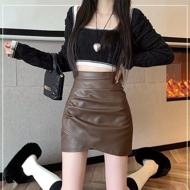 Irregular PU leather skirt for women 2023 new high waist pleated skirt slimming elegant autumn and winter A- line hip skirt