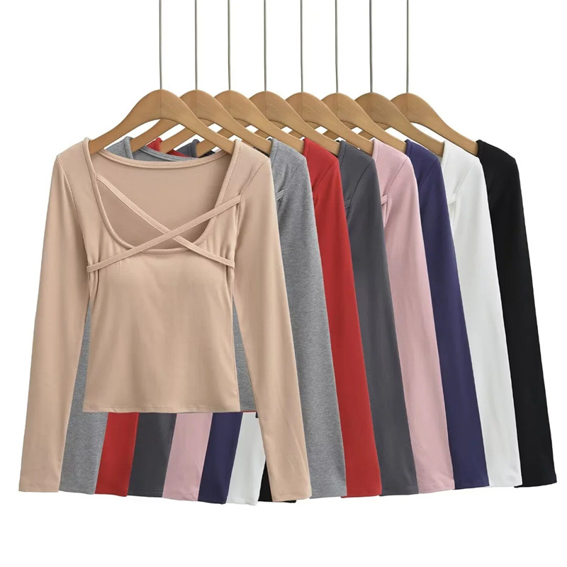 Picture of Ins Spice Girl Square Collar Cross Rope with Chest Pad Long-sleeved T-shirt Autumn New Light Mature Pure Slim-fit Short Base Shirt