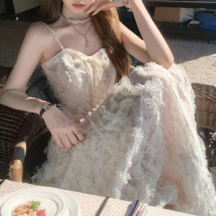 Picture of 2025 Summer New Style Temperament High-end Sense Diamond Chain Feather Sling dress Women's Waisted Slimming Travel Skirt