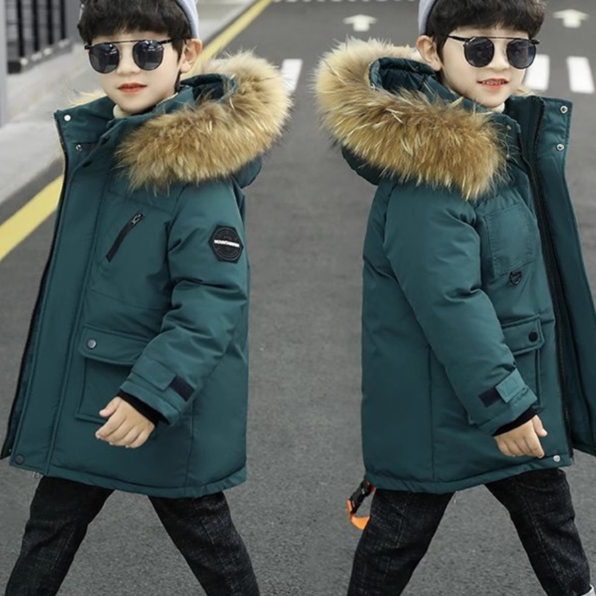 Picture of Boys' Middle and Large Children's Down Cotton-padded Clothes Children's fleece-lined Children's Long Coat Boys Korean Men's Cotton-padded Clothes in Autumn and Winter