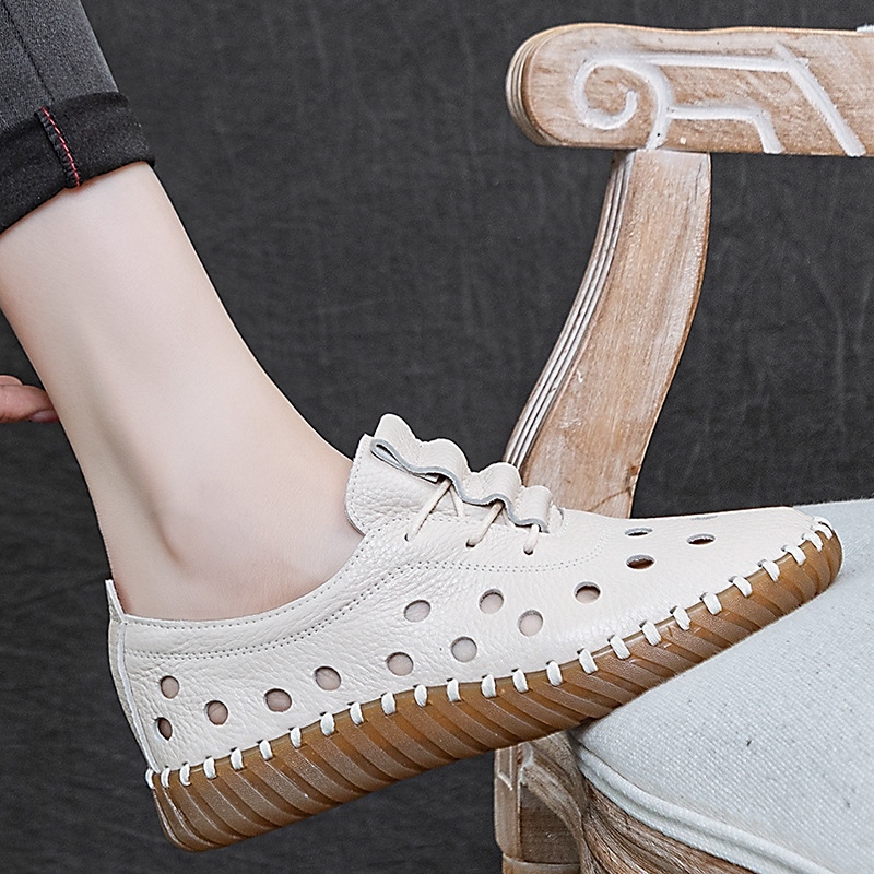 527-5 First Layer Cowhide Soft Bottom Soft Surface Middle-aged and Elderly Mother Shoes Summer Hollow Breathable Handmade Vintage Single Shoes for Women