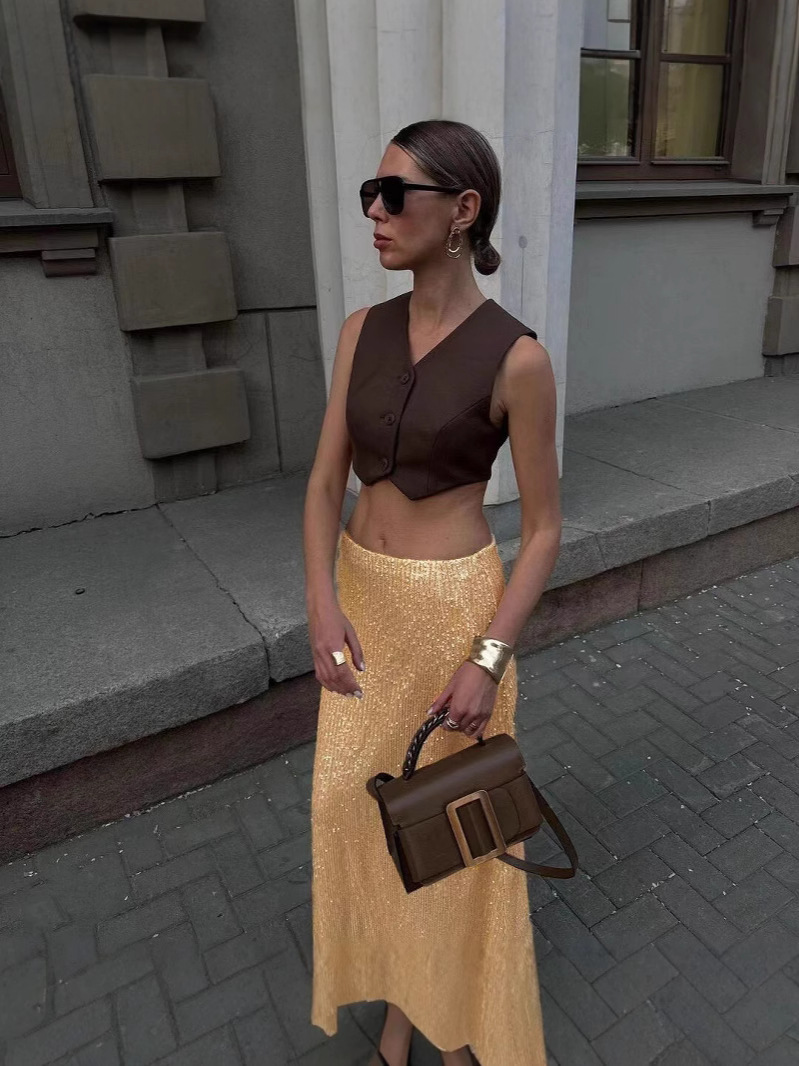 2023 cross-border new women's clothing Amazon AliExpress solid color sequined sequined back slit fashion casual skirt