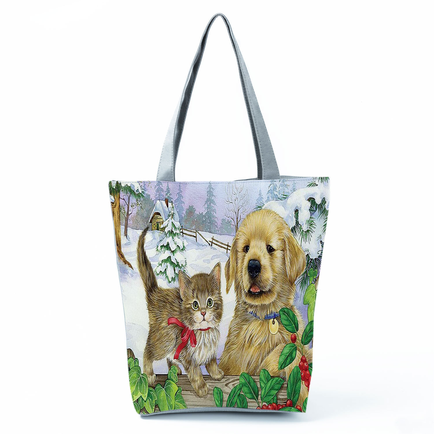 Picture of New cute flower cat printed shoulder bag portable travel storage bag large capacity outdoor tote bag