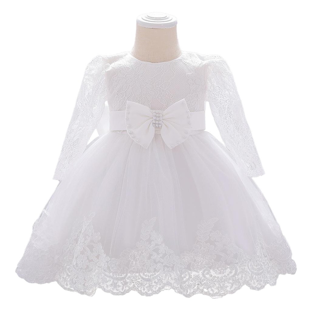 2025 European and American New Baby Long-Sleeved Bow Fluffy Gauze Baby One-Year-Old Kidsren's Dress Infant Princess Dress