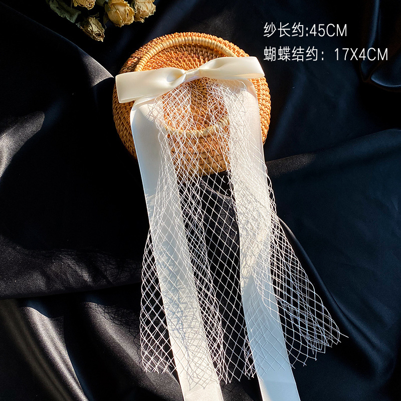 Picture of 2024 New Arrival Bow Veil Super Fairy Wedding Travel Photo White Satin Mesh Hairpin Bridal Hair Accessories