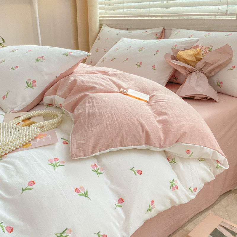 Picture of Small fresh class a 100 wash cotton four-piece set sanding cotton full quilt cover single bed hat student dormitory three or four-piece set