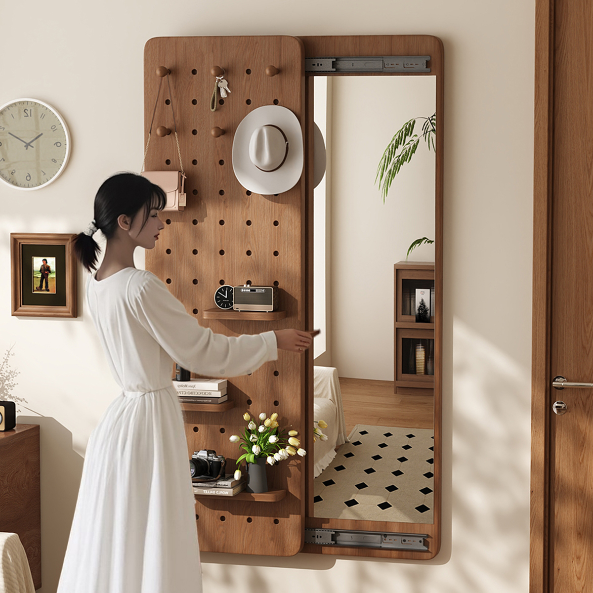 Pegboard dressing mirror, hidden style wall sliding mirror, full-length mirror, bedroom home fitting mirror, integrated entryway mirror