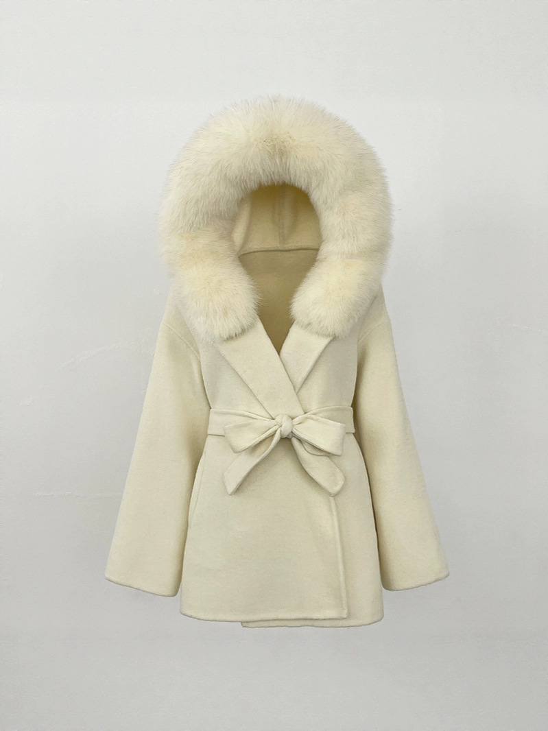Picture of New Hooded Color-Blocked Fox Fur Collar Autumn and Winter Double-Sided Wool Outwear Women's Cloak Waist Thickeneded Woolen Outwear