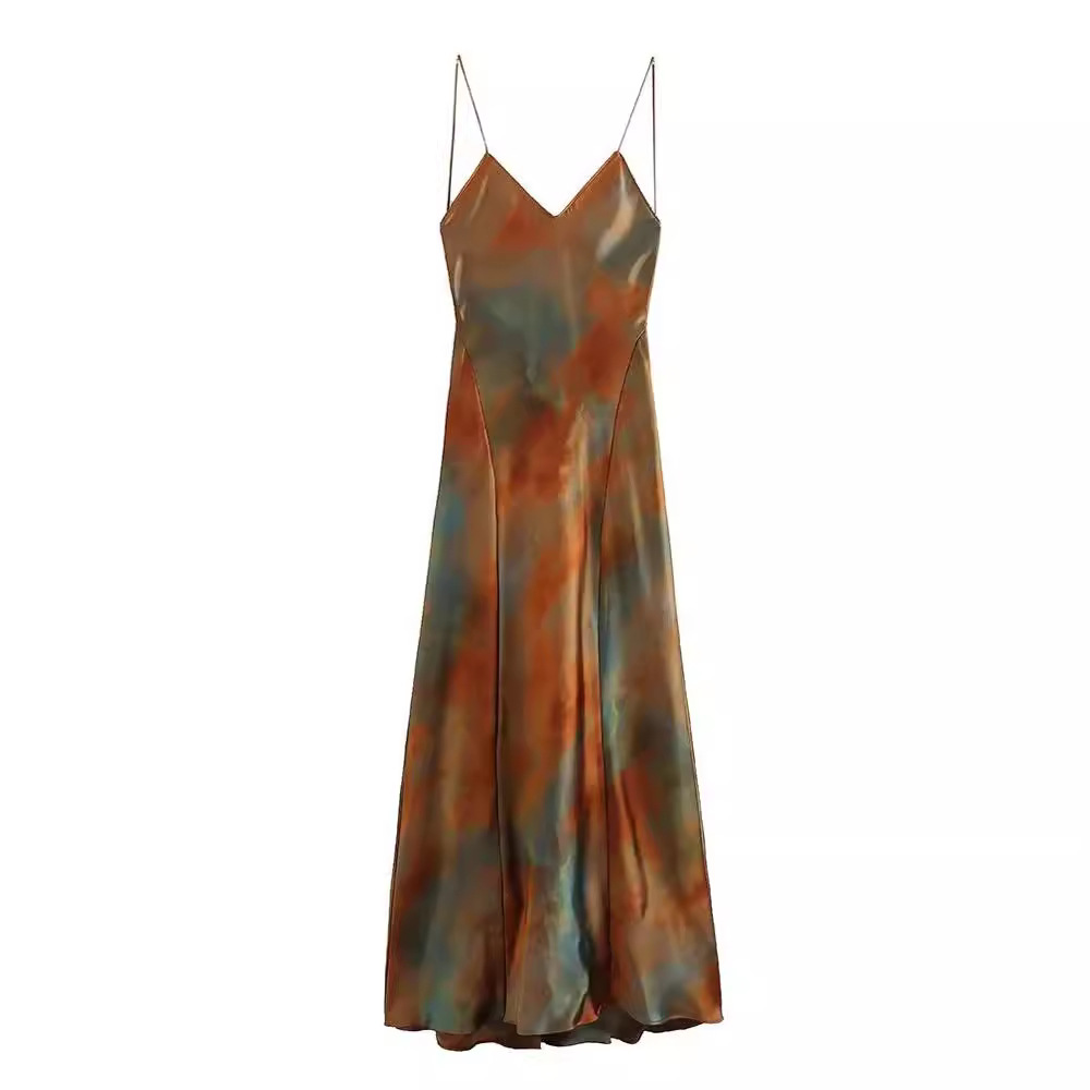 Retro V Neck Printed Suspender Dress for Women 2024 Summer New Style French Hottie Elegant Sexy Backless Long Skirt