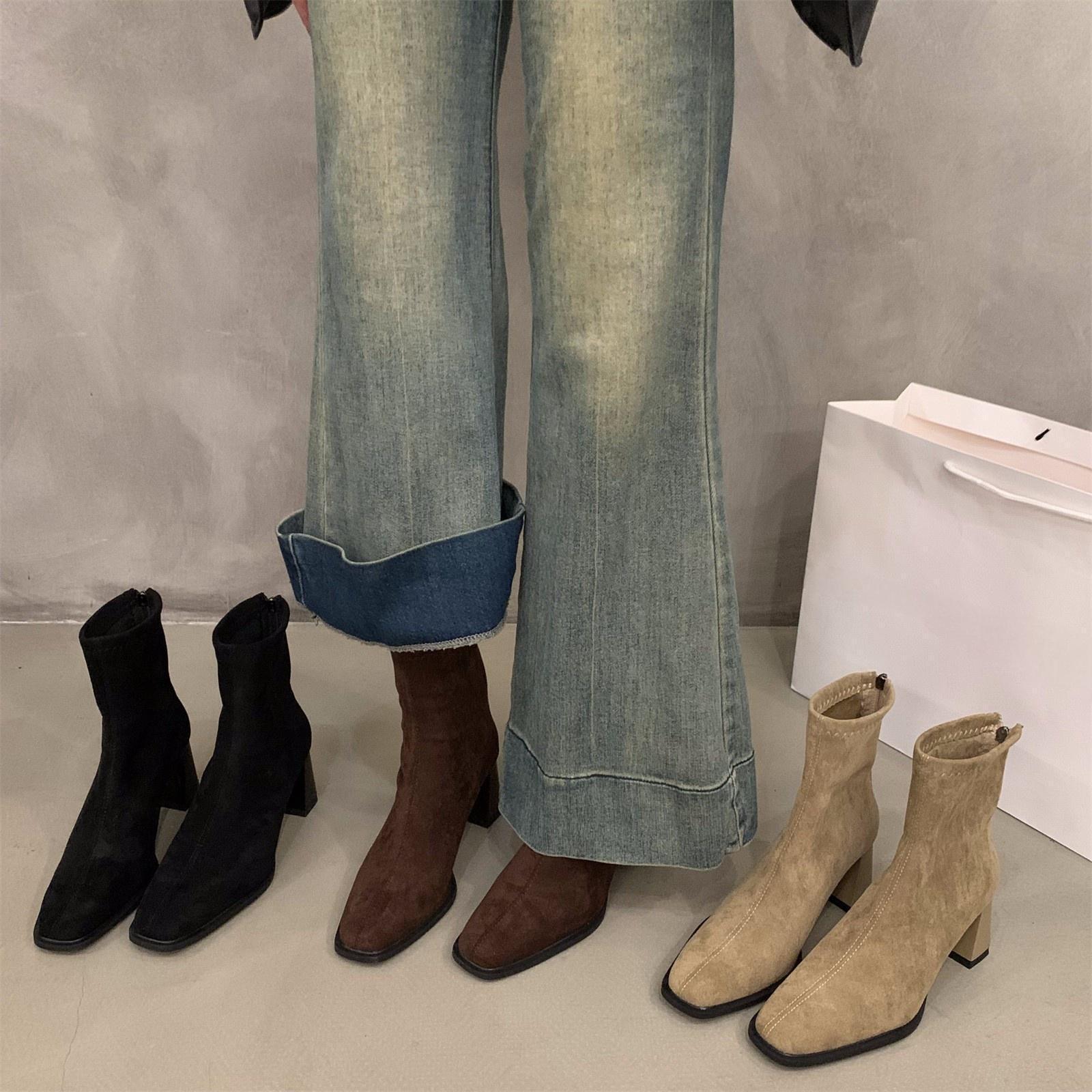 High-Heeled Korean Style Small Ankle Boots Suede Boots Women's Shoes 2024 New Autumn and Winter Square Toe Slim Short Boots