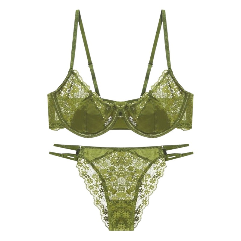 French Sexy Underwear Summer Ultra-Thin Satin Lace Underwear Set Big Breasts Showing Small Anti-Sagging Girl Bra