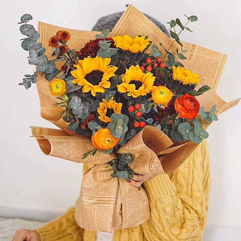 Picture of Flower Wrapping Paper Materials Wholesale Bouquet Gift Wrapping Paper Retro Flower Wrapping Kraft Paper Sunflower English Newspaper