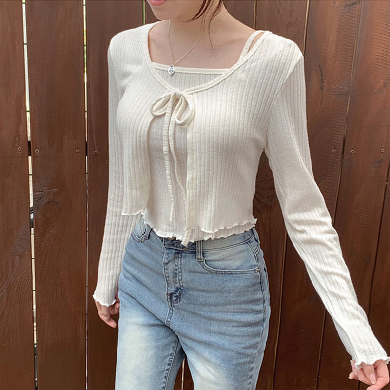 South Korea Dongdaemun Autumn Wear Thin Stretch Knitted Short Long-sleeved Cardigan Ear Strap Fashionable Two-piece Suit
