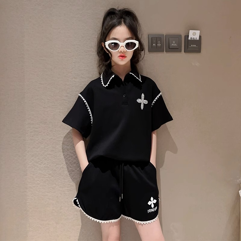 Picture of Girls' Summer Polo Shirt suit Big Children's Summer Girl Lace Lass T-Shirt Shorts Korean Two-piece Fashionable Set