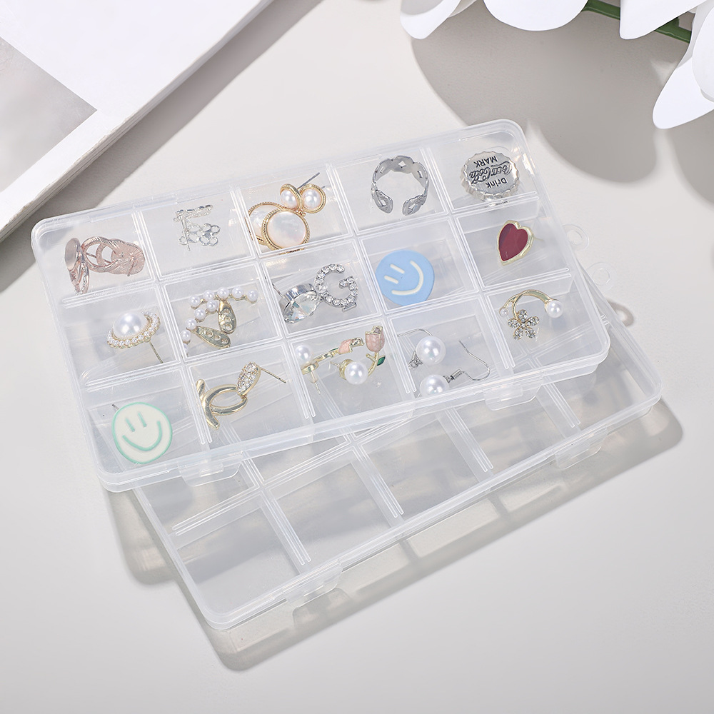 15-Compartment Transparent Plastic Jewelry Box with Lid Desktop Organizer Earrings Ring Compartment Box Nail Art Diamond Jewelry Storage Box