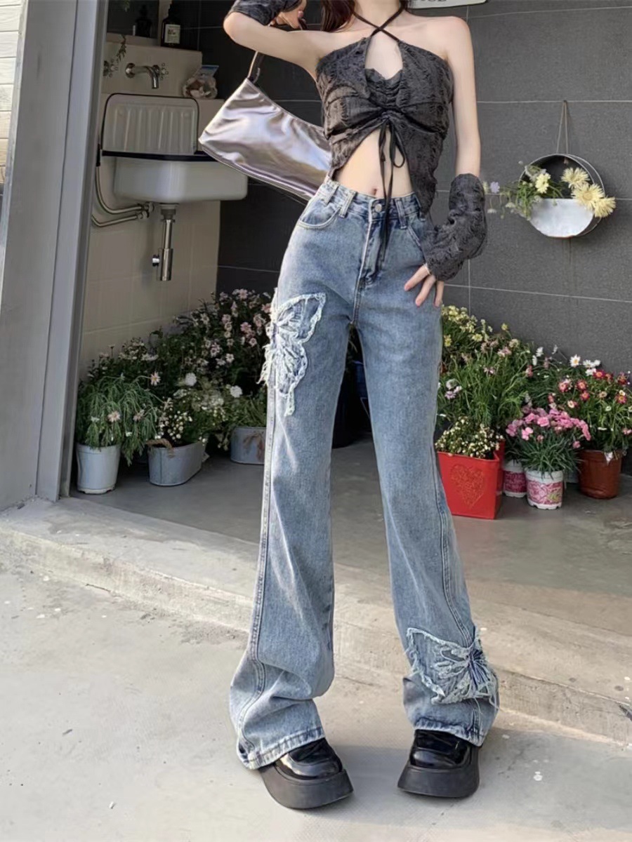 Plus Size Retro Butterfly Embroidered Jeans for Women 2024 Summer Sexy High Waist Washed Micro-flared Floor-length Pants Trendy
