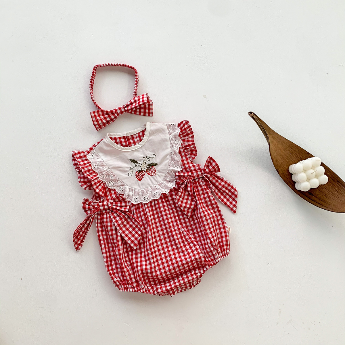 Picture of Infant Summer New Red Plaid Thin Embroidered Lace Cotton Triangle Hami Clothes for Baby Girl's one-piece climbing suit