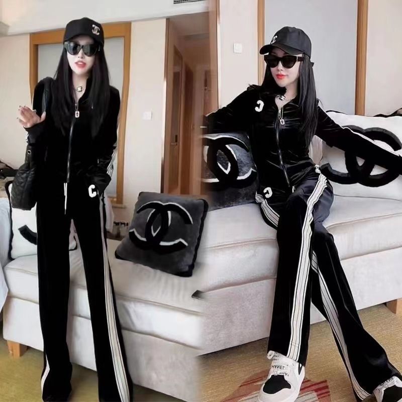 Gold Velvet Casual Sports Suit for Women 2025 Spring and Autum New Fashion Jacket Wide Leg Pants Two-Piece Set