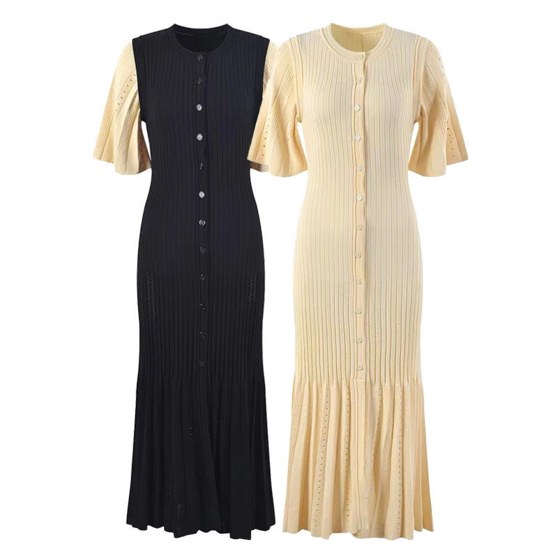 Middle Eastern Lady Style New Elegant Waist Bell Sleeve Knitted Dress Women's Round Neck Single-Breasted Long Skirt