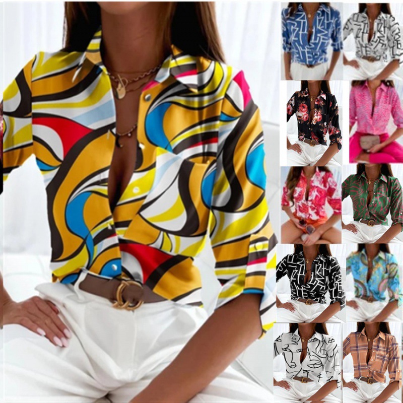 2023 Spring Summer New Women's Long Sleeve Top Amazon Independent Station Cross-border Hot Sale Lapel Printed Shirt