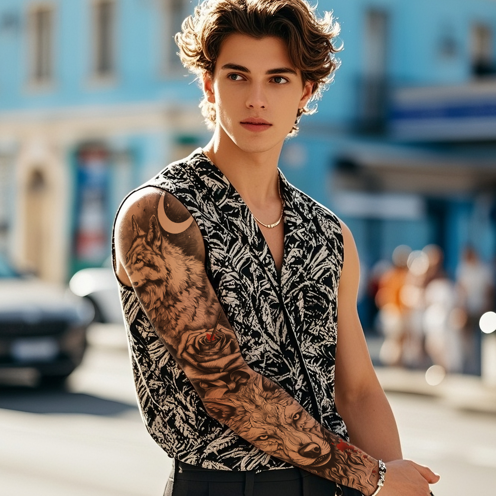Picture of Full Arm Tattoo Sticker Cross-border New Waterproof Sweat Simulation Cross Buddha Black and White Colorful Personality Full Arm Temporary Tattoo